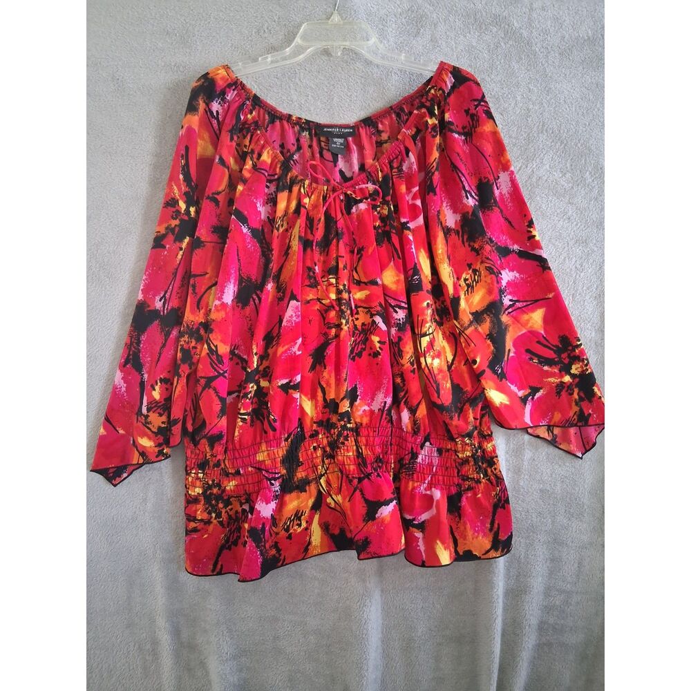 4X Top Smock Waist 3/4 Flutter Sleeve Off Shoulder Red Yellow Cruise Vacation